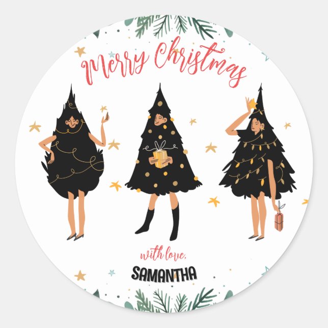 Women Dressed in Black Christmas Tree Classic Round Sticker (Front)