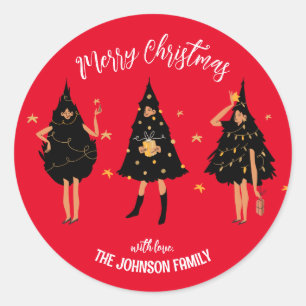 Women Dressed in Black Christmas Tree, Red Classic Round Sticker