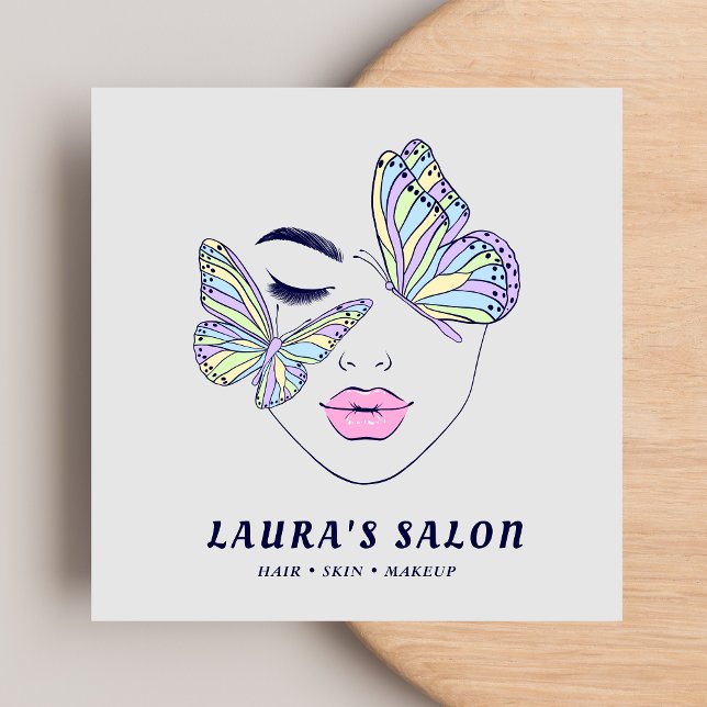 Women Face Butterflies Beauty Salon Pastel Blue  Square Business Card (Creator Uploaded)