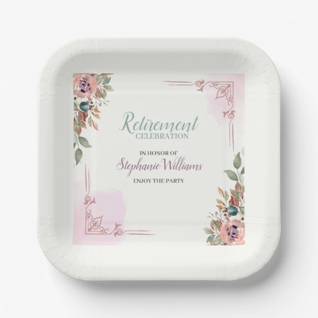 Women Floral Classic Elegant Retirement Party Paper Plate (Front)