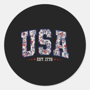 Women Floral Usa Est 1776 Girly 4th Of July Americ Classic Round Sticker