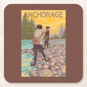 Women Fly Fishing - Anchorage, Alaska Square Paper Coaster
