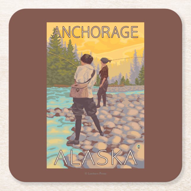 Women Fly Fishing - Anchorage, Alaska Square Paper Coaster (Front)