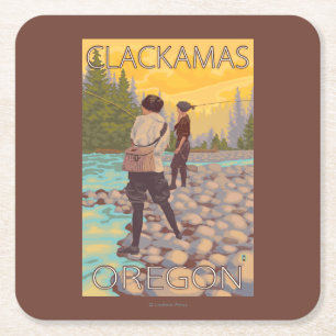Women Fly Fishing - Clackamas, Oregon Square Paper Coaster
