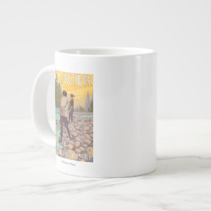 Women Fly Fishing - Glacier National Park, MT Large Coffee Mug