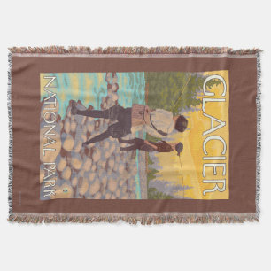 Women Fly Fishing - Glacier National Park, MT Throw Blanket