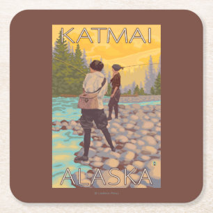 Women Fly Fishing - Katmai, Alaska Square Paper Coaster