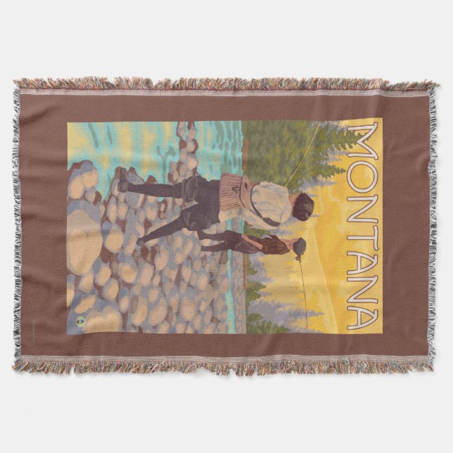 Women Fly Fishing - Montana Throw Blanket (Front)