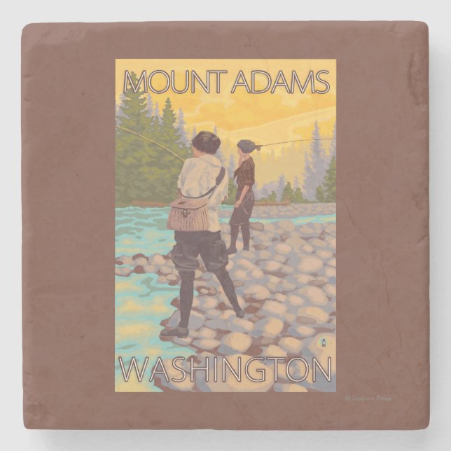 Women Fly Fishing - Mount Adams, Washington Stone Coaster (Front)