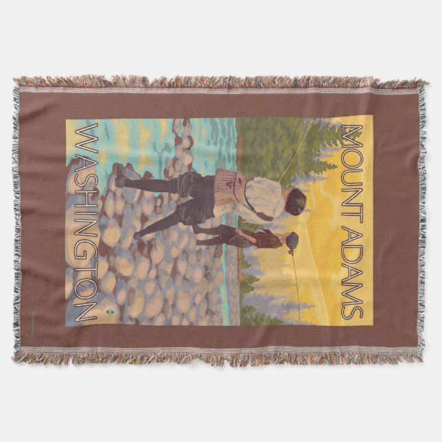 Women Fly Fishing - Mount Adams, Washington Throw Blanket (Front)