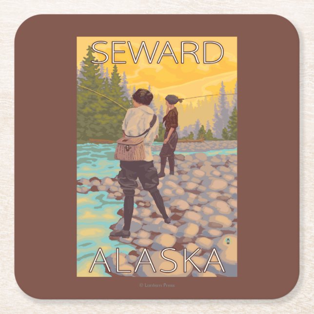 Women Fly Fishing - Seward, Alaska Square Paper Coaster (Front)
