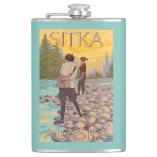 Women Fly Fishing - Sitka, Alaska Hip Flask