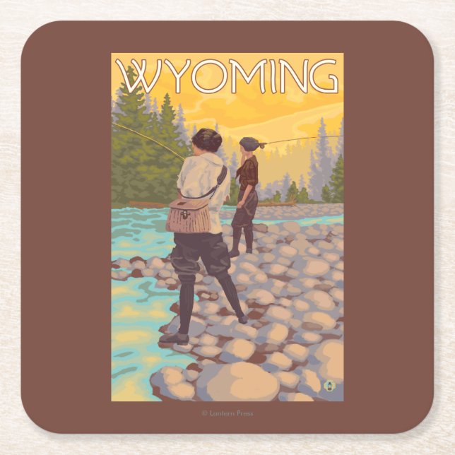 Women Fly Fishing - Wyoming Square Paper Coaster (Front)