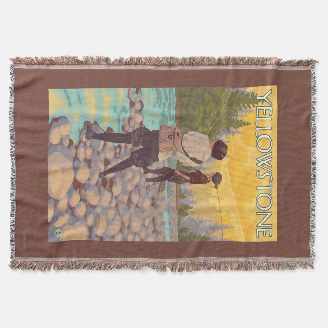 Women Fly Fishing - Yellowstone National Park Throw Blanket (Front)