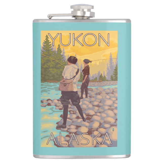 Women Fly Fishing - Yukon, Alaska Hip Flask (Front)