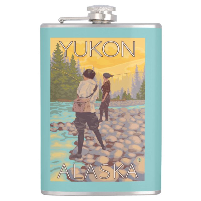 Women Fly Fishing - Yukon, Alaska Hip Flask (Front)