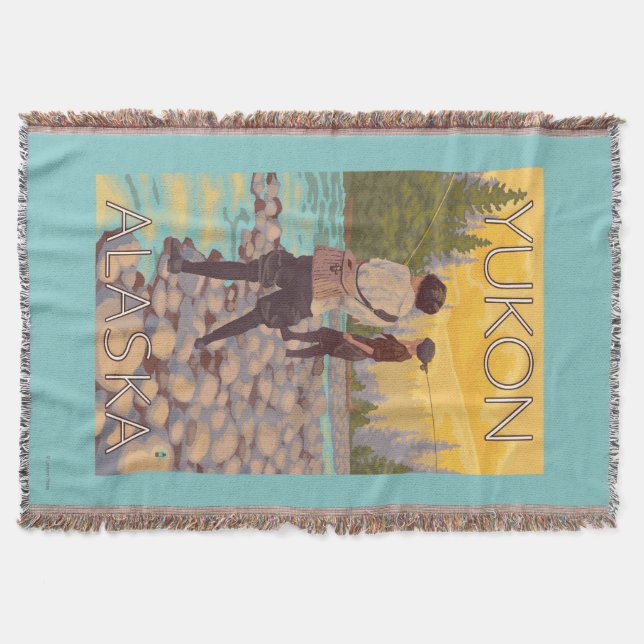 Women Fly Fishing - Yukon, Alaska Throw Blanket (Front)