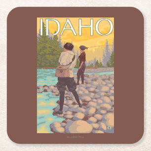 Women Fly FishingIdahoVintage Travel Poster Square Paper Coaster