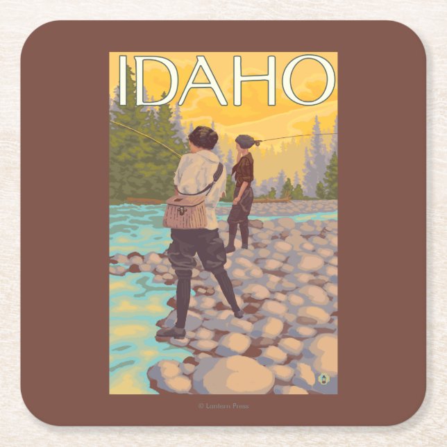 Women Fly FishingIdahoVintage Travel Poster Square Paper Coaster (Front)