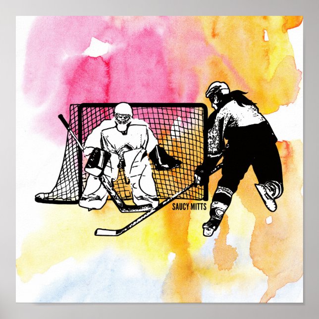 Women Girls Shot On Net Hockey Player Watercolor Poster (Front)