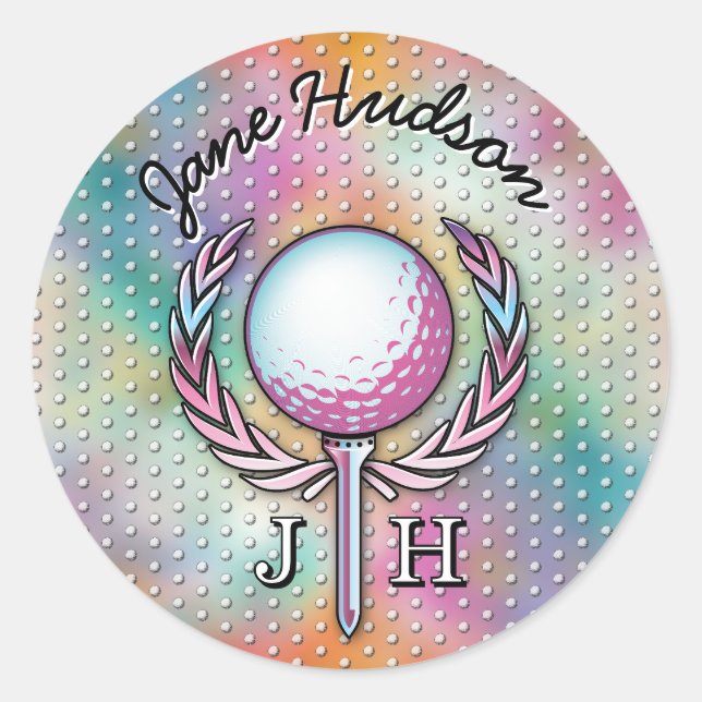 Women Golfer Custom Monogram Design Classic Round Sticker (Front)