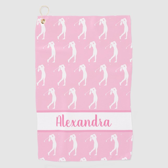Women Golfer Pattern Pink White Name Personalised Golf Towel (Front)