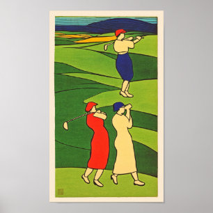 Women Golfers Woodblock Print