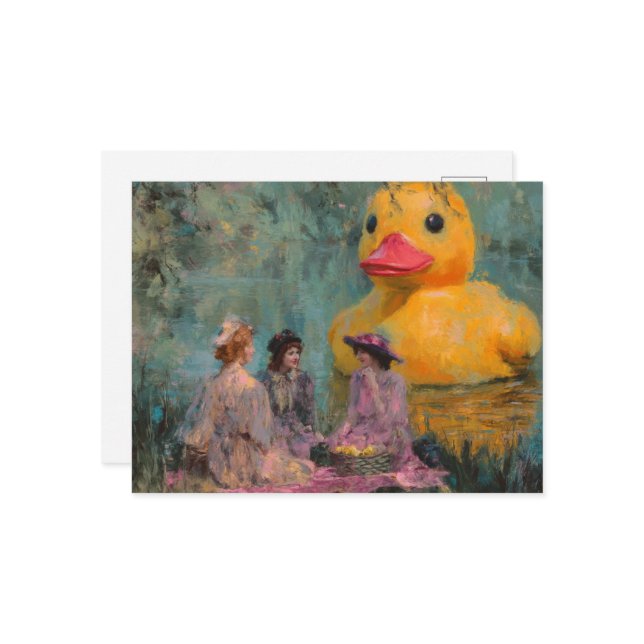 Women Have a Picnic With the Giant Duck Postcard (Front/Back In Situ)