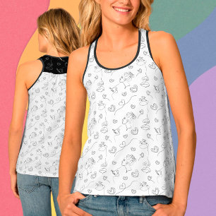 Women Hearts and Butterfly One-Line Art Patterned  Tank Top
