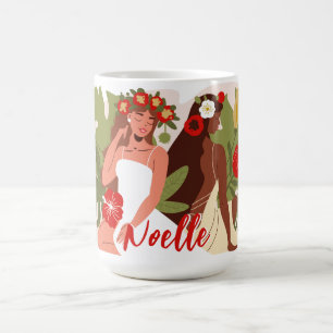Women in Garden, Red Flowers Green Foliage Coffee Mug
