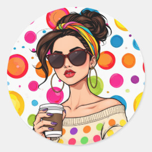 Women in LGBTQ Rainbow Bandanna with Coffee Classic Round Sticker
