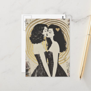 Women in Love Kissing in Black Dresses Gold Heart Postcard