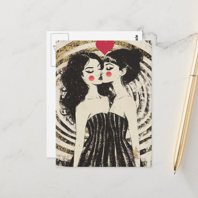 Women in Love Kissing in Matching Dresses Postcard (Front/Back In Situ)