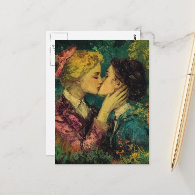 Women in Love Kissing Oil Painting Postcard (Front/Back In Situ)