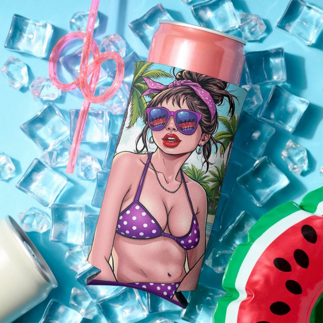 Women in Purple Bikini and Bandanna at Beach  Seltzer Can Cooler (In Situ Summer)