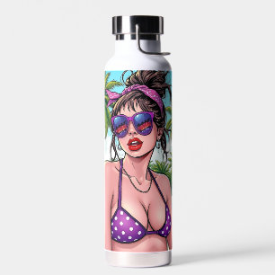 Women in Purple Bikini and Bandanna at Beach Water Bottle