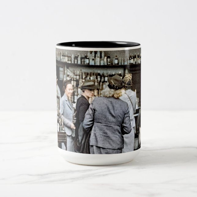 Women in the Bar Aboard RMS Queen Mary 1939 Art Two-Tone Coffee Mug (Center)