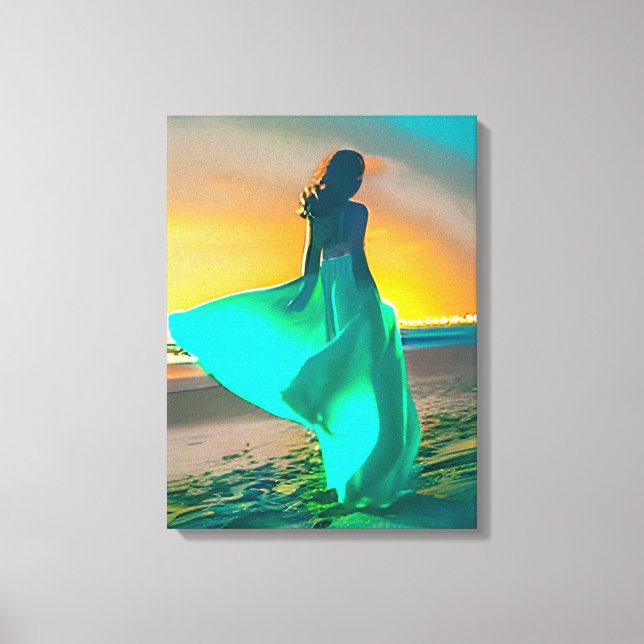 Women in Turquoise Blue on a Night Beach  Canvas Print (Front)