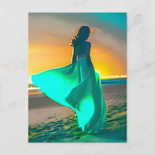 Women in Turquoise Blue on a Night Beach Postcard