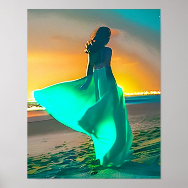 Women in Turquoise Blue on a Night Beach Print (Front)