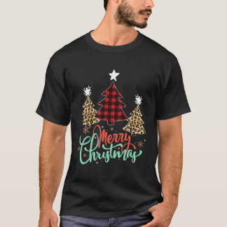 Women Leopard Plaid Christmas Tree Merry Christmas T-Shirt