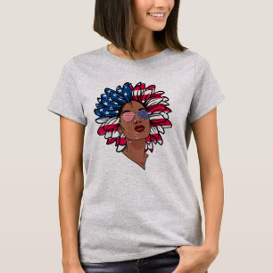 Women Melanin Sunflower Afro American 4th of July T-Shirt