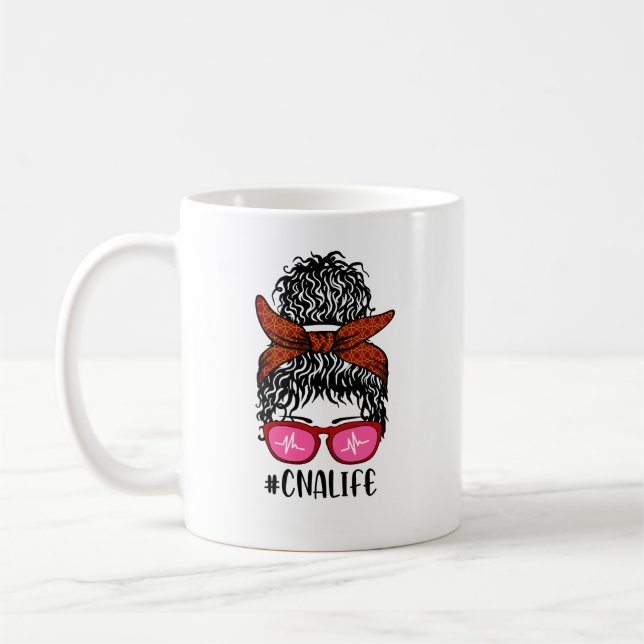 Women Nurse Life RN LPN CNA Messy Bun Coffee Mug (Left)