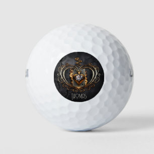 Women of heart card in flames. golf balls