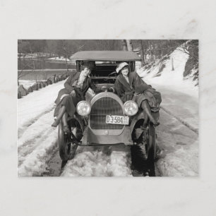 Women Posing On Automobile, 1920 Postcard