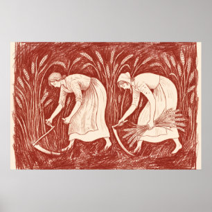 Women Reaping Wheat with Sickles Linocut Poster