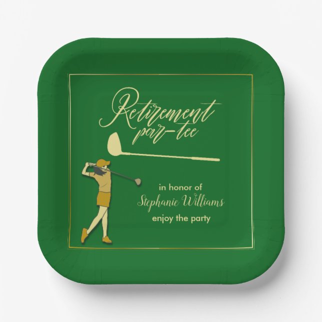 Women Retirement Golf Party Classic Green Golden  Paper Plate (Front)