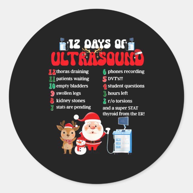 Women Retro 12 Days Of Ultrasound Tech Christmas S Classic Round Sticker (Front)