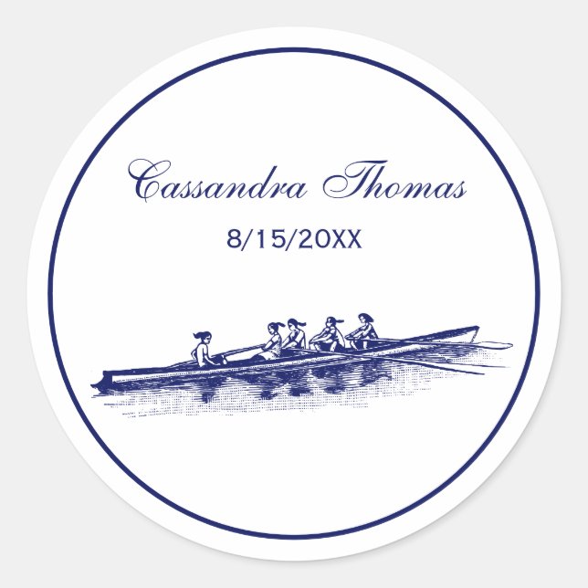 Women Rowing Rowers Crew Team Water Sports Blue Classic Round Sticker (Front)