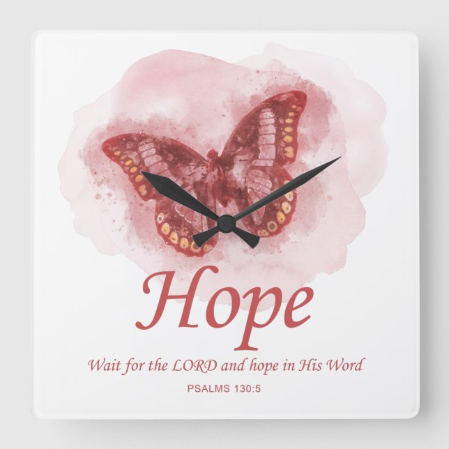 Women’s Christian Butterfly Bible Verse: Hope Square Wall Clock (Front)